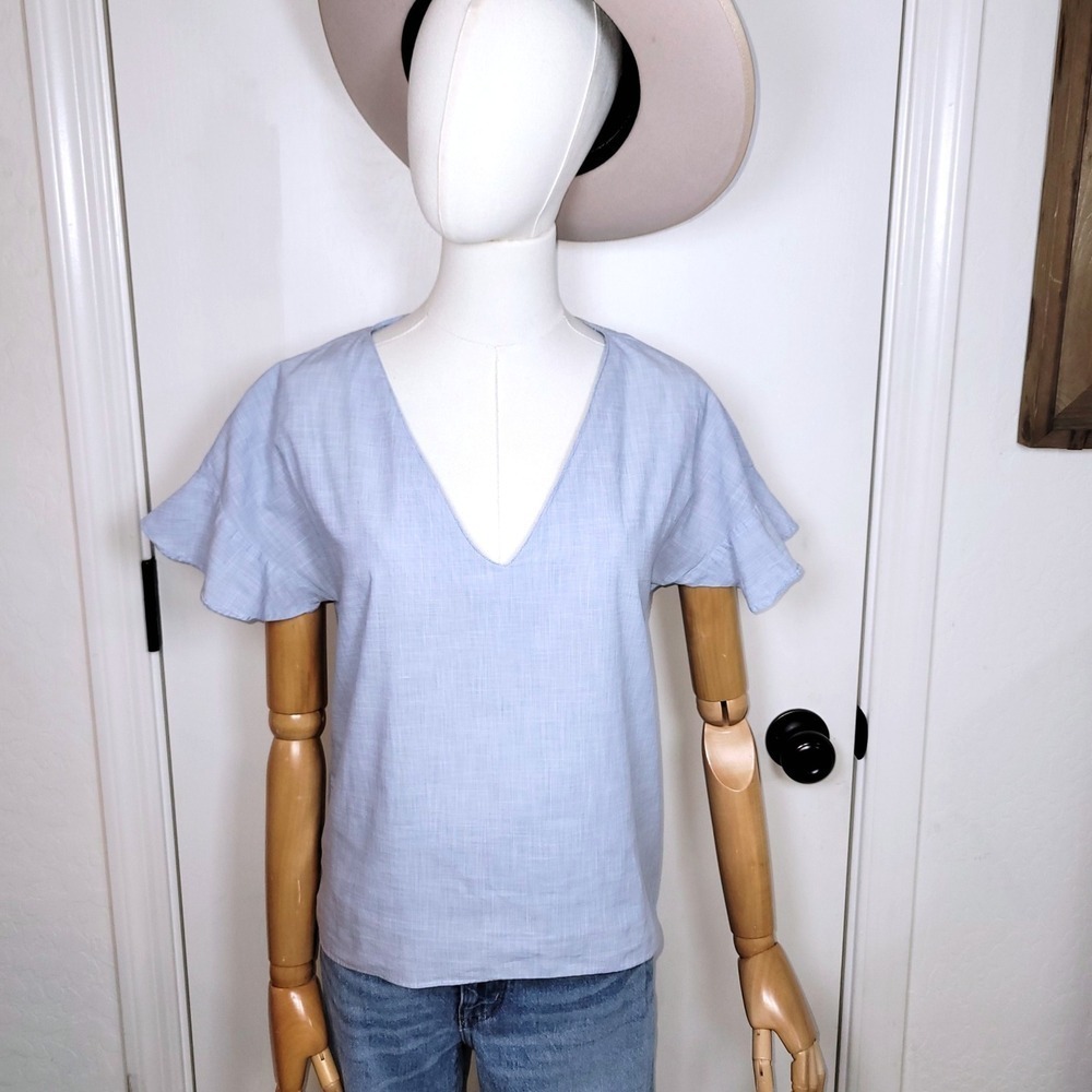 Madewell 100% Cotton Sundrift Flutter Sleeve Top Small Craft Blue Resortwear